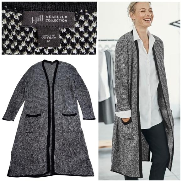 J.Jill Wearever Collection Black Knit Textured Tweed Long Duster Cardigan Sz M - Picture 1 of 13
